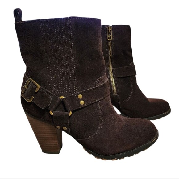 Eddie Bauer Ankle Boot Women 7.5 M Brown Suede Side Zip Buckle Harness Madison - Picture 1 of 14